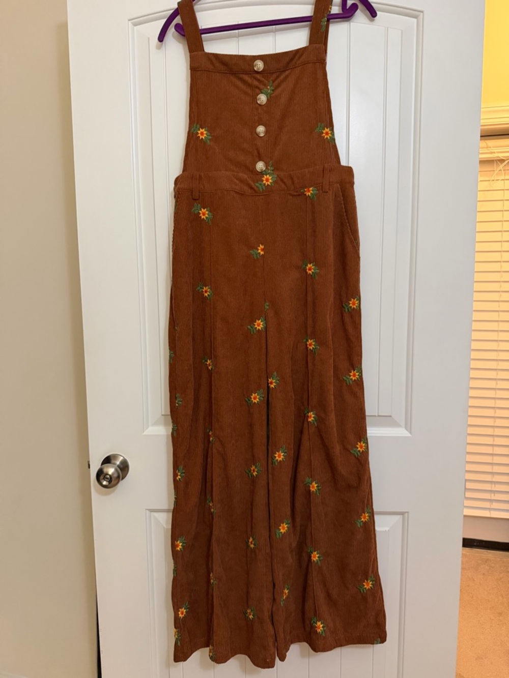 Cider Rust Corduroy Overalls with Sunflower Embroidered Detail Sz Large
